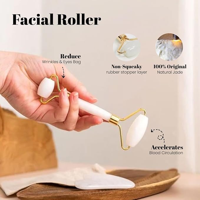 ROSELYNBOUTIQUE Gua Sha Facial Tools & Face Roller for Wrinkless Natural Skincare Tool Jade Roller Guasha Tool for Face Facial Massager (White Jade)-GlimoraGlow