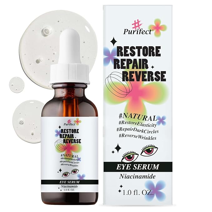 Made in USA Natural Peptide Retinol Niacinamide Eye Serum Anti Aging Brightening Firming Under Eye Care Non-greasy Formula - 1oz/30ml (#Purifect RestoreRepairReverse Niacinamide Eye Serum)-GlimoraGlow