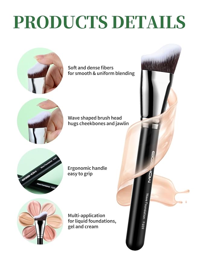 EIGSHOW Foundation Brush with Wave Shaped Head for Liquid, Cream, Powder Blending Cheekbones Jawline, Large Premium Dense Synthetic Bristles (F659)-GlimoraGlow