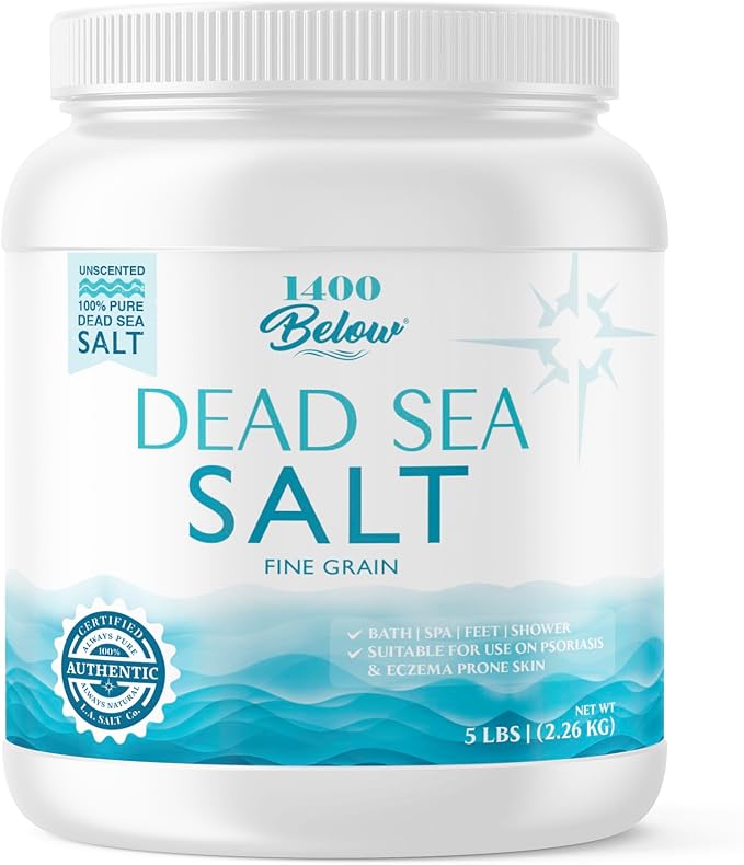 1400 Below 5 Lbs Jar Dead Sea Salt, Fine Grain - Foot and Spa Bath Soak, Exfoliating Body Scrub, 100% Pure and Mineral-Rich, Highest Mineral Content – Natural Muscle Tension Relief-GlimoraGlow