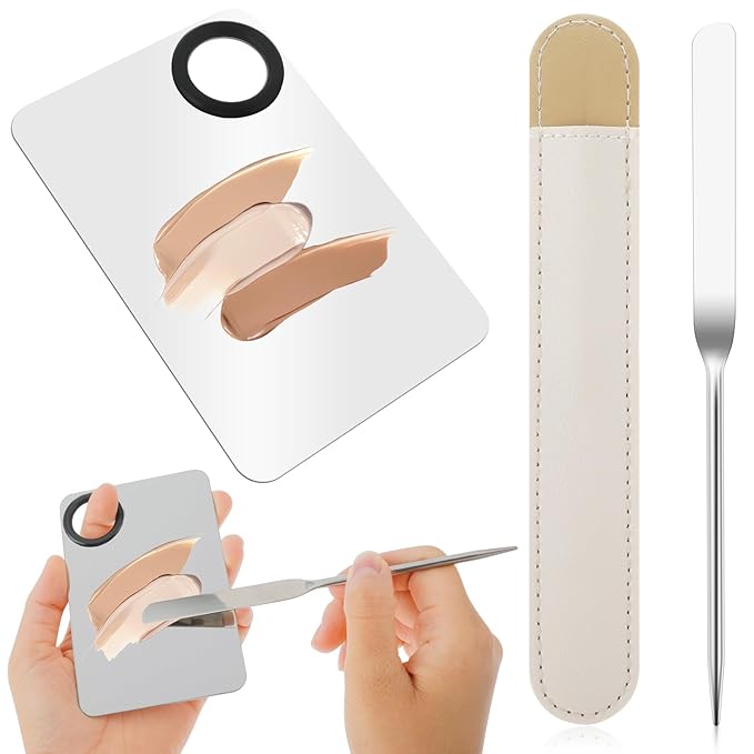 2 in-1 Set Make up Mixing Palette, Foundation Mixing Palette Stainless Steel Makeup Palette with Makeup Spatula for Professional Cosmetic Artist Make up Palette for Mixing Foundation Nail-Art-GlimoraGlow