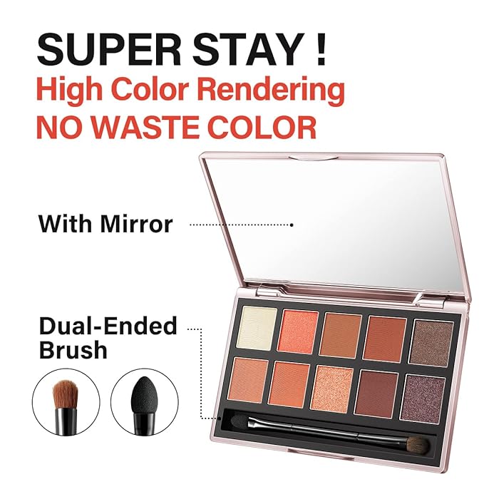 10 Color Eyeshadow Palette, Matte, Shimmer, Glitter Pigment Eye Shadow Makeup Pallete, Neutral Nudes Sunny Orange Eye Makeup Palette with Brush & Mirror, 01.Sunset-GlimoraGlow