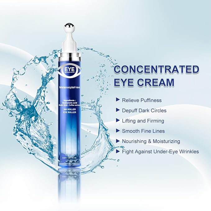 Caffeine Eye Serum,Under Eye Roller Serum with 360° Massage Ball,Eye Contour Cream for Dark Circles and Puffiness Wrinkles Fine Lines-GlimoraGlow