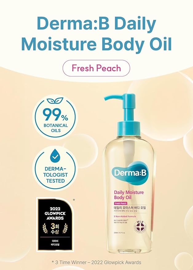 Derma B | Daily Moisture Body Oil | 99% Natural Argan & Sweet Almond Oil | Shower Oil for Dry Sensitive Skin | Light & Long-Lasting Hydration | Skin Body Care Oil with Peach Scent | 6.78 fl oz (200ml)-GlimoraGlow