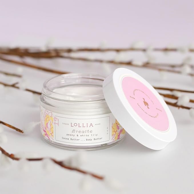 LOLLIA Breathe Body Butter, 5.5 oz. - Peony & White Lily Fragrance - Shea Butter & Cocoa Butter, Body Lotion for Women, Hydrating & Smooth Body Moisturizer-GlimoraGlow