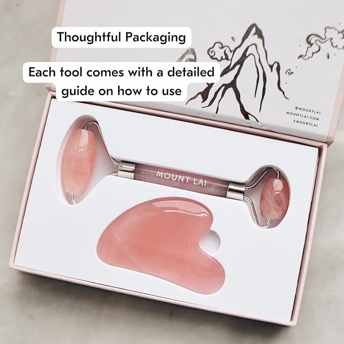 Mount Lai Rose Quartz Gua Sha Facial Tools, Pink Quartz Gua Sha Facial Tools Set and Roller, Guasha Tool for Face to Relieve Muscle Tension and Reduce Puffiness, Anti Aging Skin Care Sets for Women-GlimoraGlow