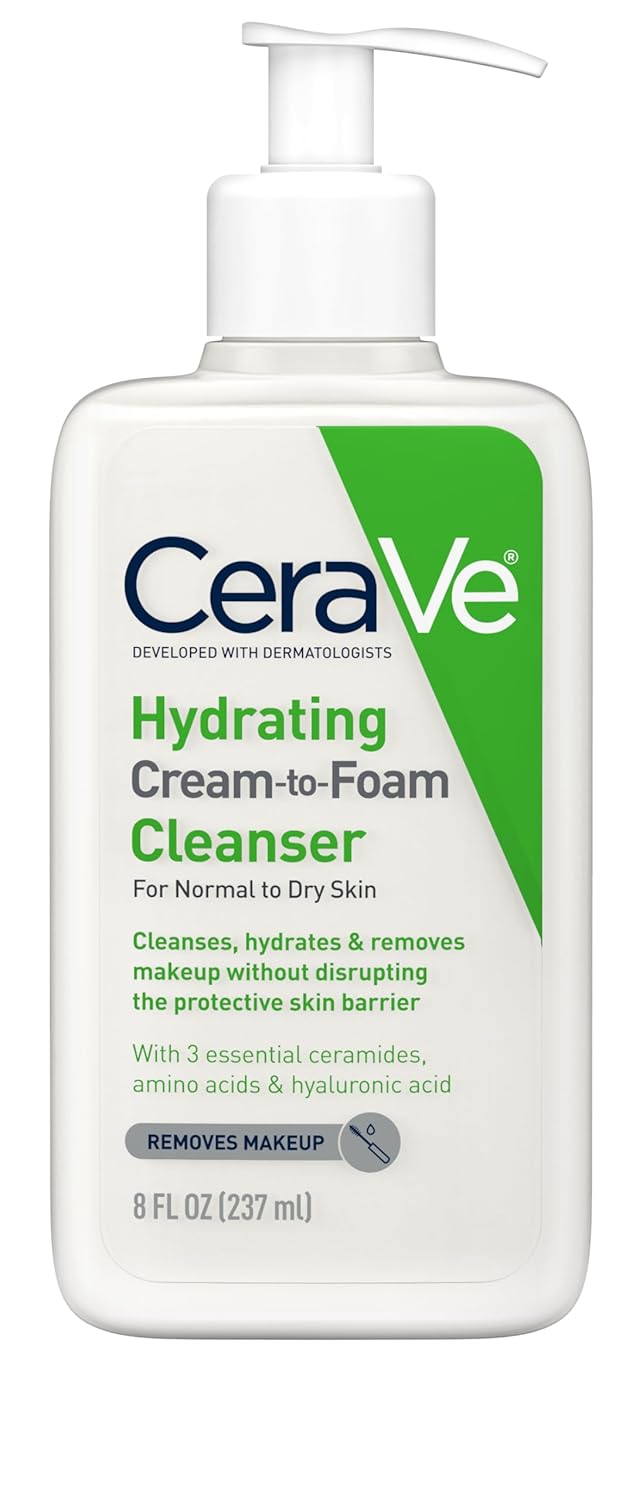 CeraVe Hydrating Cream To Foam Cleanser, Makeup Remover Face Wash For Dry Skin, Foaming Facial Cleanser With Hyaluronic Acid, Normal To Dry Skin, Fragrance Free & Non Comedogenic, 8 Fluid Ounces-GlimoraGlow