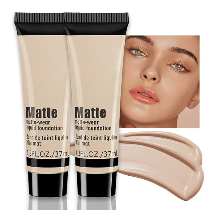 2 Pack Liquid Foundation Cream for Face Makeup,Durable Full Coverage Matte Concealer Make Up,Oil Control & Waterproof Base Primer -1+1 Fl.Oz-BEIGE 6#-GlimoraGlow