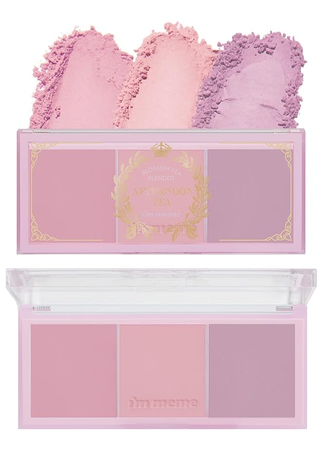 I'm Meme Palette - Afternoon Tea Blusher | Blossom Tea Blended, Cool Tone Blush for Cheek, Soft Pink, Peach, Lavender, 3 Shades Palette, Matte Powder Blush for Face&Cheeks, 0.4oz-GlimoraGlow
