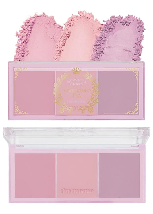 I'm Meme Palette - Afternoon Tea Blusher | Blossom Tea Blended, Cool Tone Blush for Cheek, Soft Pink, Peach, Lavender, 3 Shades Palette, Matte Powder Blush for Face&Cheeks, 0.4oz-GlimoraGlow