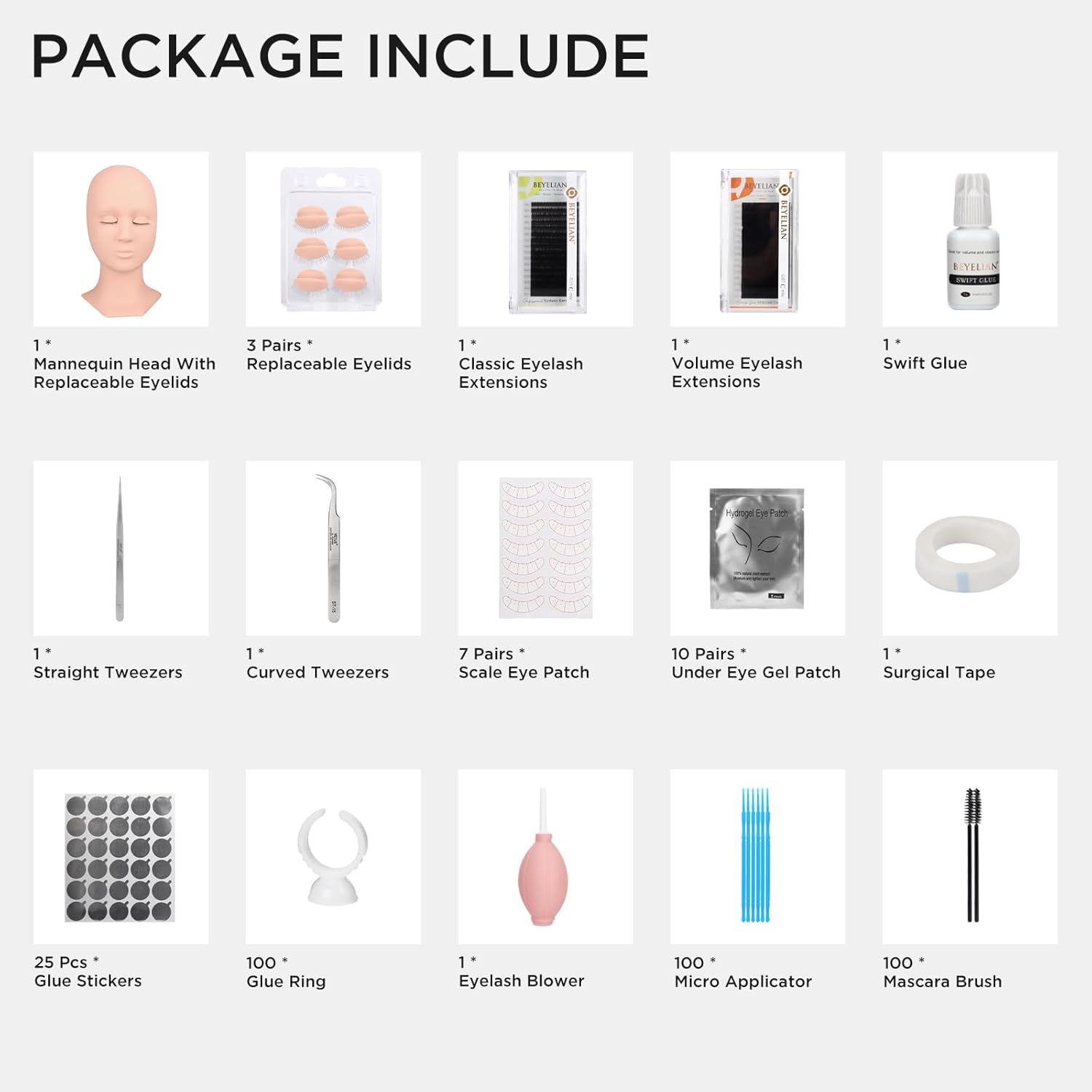 BEYELIAN Eyelash Extension Kit, Lash Extension Kit, Professional Lash Mannequin Head Kit with Removable Eyelids, Lash Kit for Eyelash Extensions Beginners 353 Piece Set-GlimoraGlow