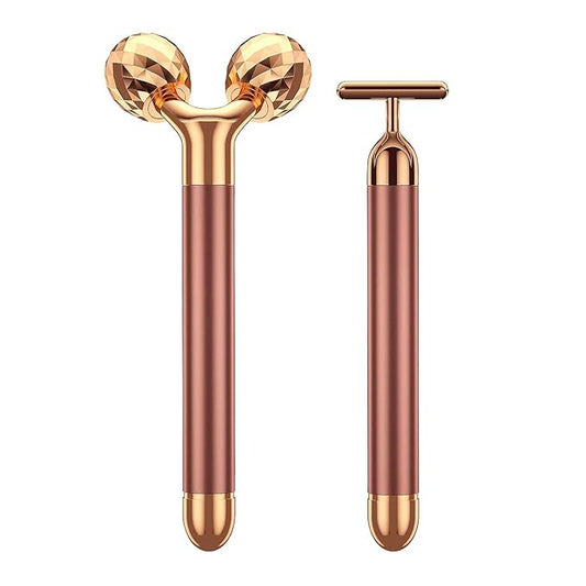 2-IN-1 Beauty Bar 24k Golden Pulse Facial Face Massager, Electric 3D Roller and T Shape Arm Eye Nose Head Massager Facial Roller Massager Kit Skin Care Tools-GlimoraGlow