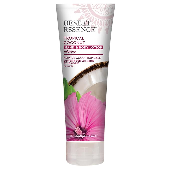 Desert Essence, Tropical Coconut Hand & Body Lotion 8 fl. oz. - Gluten Free - Vegan - Cruelty Free - Coconut Oil, Jojoba Oil & Vitamin E - Intense Hydration - Tropical Coconut Scent-GlimoraGlow