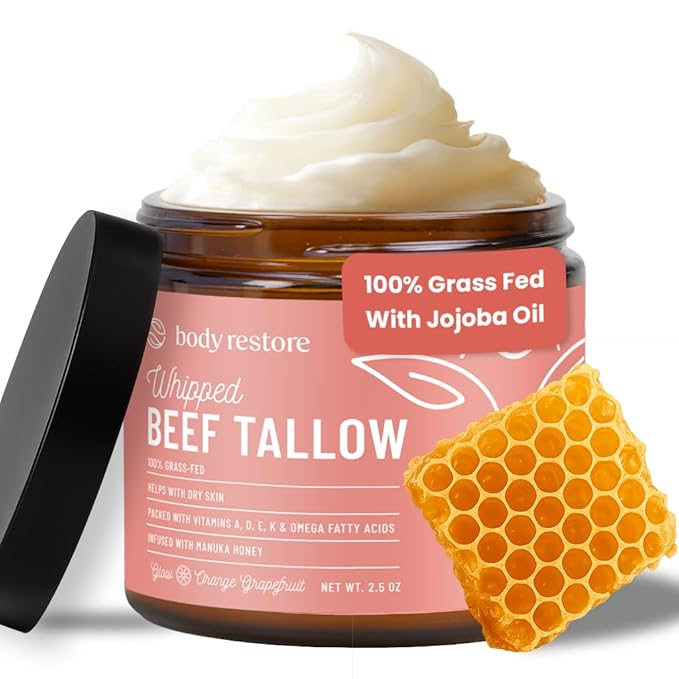 Body Restore Grass Fed Whipped Beef Tallow for Skin, Face, Body, Dry Skin - with Manuka Honey, Jojoba Oil, Birthday Gifts for Women, Men, Travel Essentials, Self Care - Citrus-GlimoraGlow
