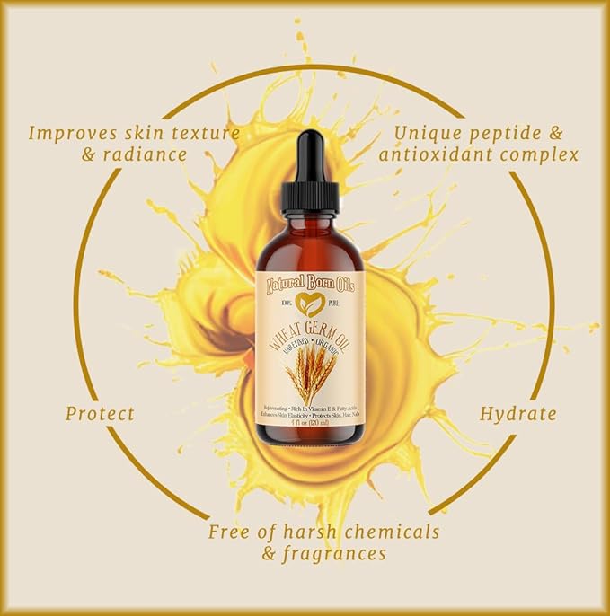 Natural Born Oils Wheat Germ Oil. 4oz. 100% Pure, Natural, Organic, Cold-pressed, Unrefined, Rejuvenating, Rich in Vitamin E. Moisturizer for Skin Hair-GlimoraGlow