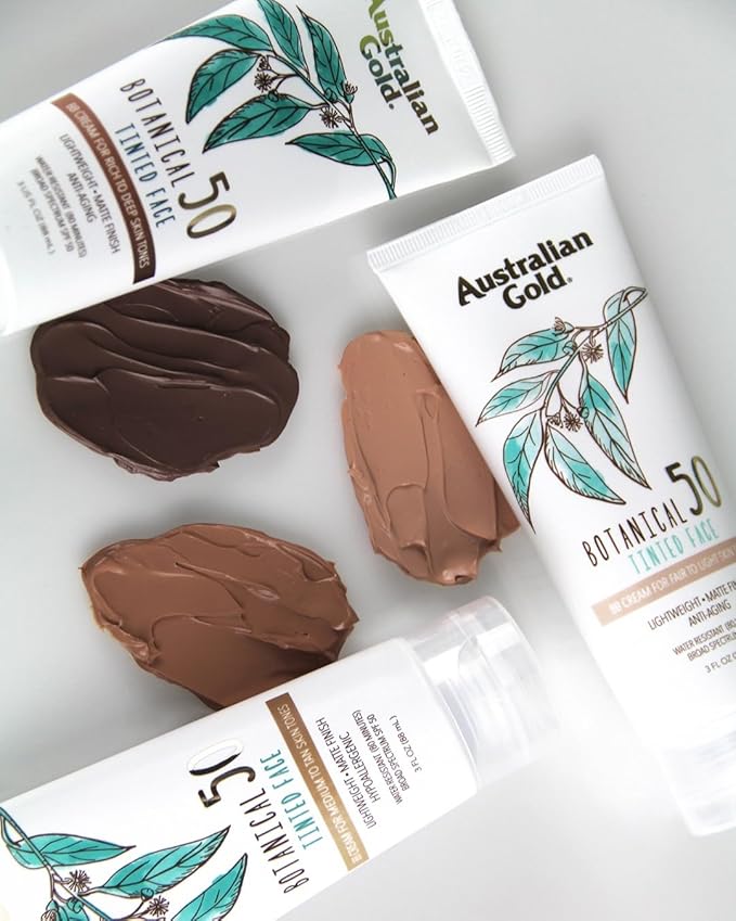 Australian Gold Botanical SPF 50 Tinted Sunscreen for Face, Non-Chemical BB Cream & Mineral Sunscreen,Water-Resistant,Matte Finish,For Sensitive Facial Skin,Rich to Deep Skin Tones, 3 FL Oz, Rich-Deep-GlimoraGlow