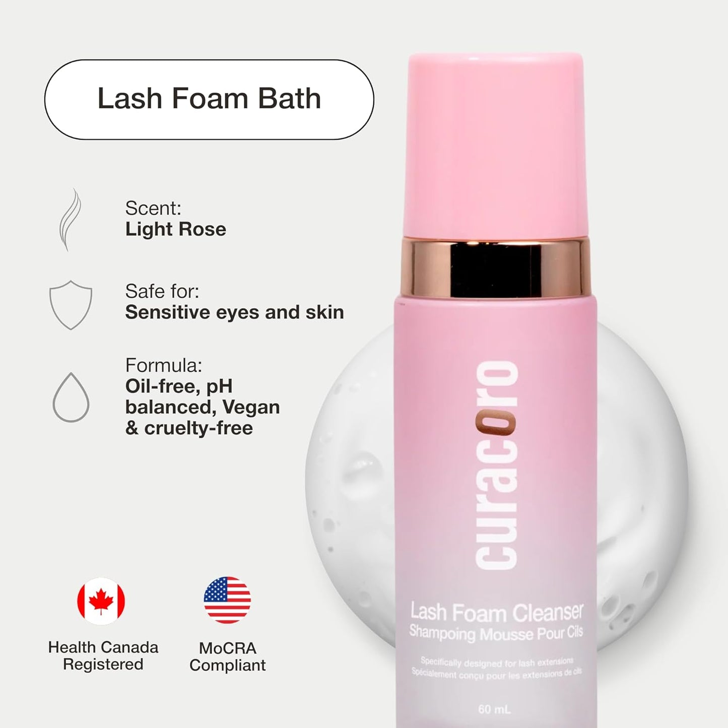 CURACORO 60ML Eyelash Extension Cleanser (Rose Scented) - Lash Shampoo for Lash Extensions, Eyelash Extension Foam Cleanser for Sensitive Skin, Removes Waterproof Makeup for Professional & Home Use-GlimoraGlow