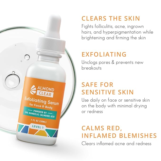 Face & Body Clearing Serum, Level 1- for acne, folliculitis, aging skin, ingrown hairs, dark spots - face, chest, butt, back, thighs, arms - mandelic acid - 1 fl oz-GlimoraGlow