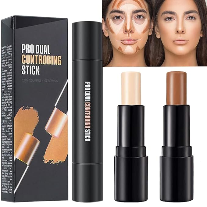 2 Colors Cream Contour Sticks Makeup Kit, Primer Face Highlighter Contouring for Beginners, Highlight and Contour Kit, Cream Concealer Makeup Blur Stick, Primer Face Corrector 1#-GlimoraGlow