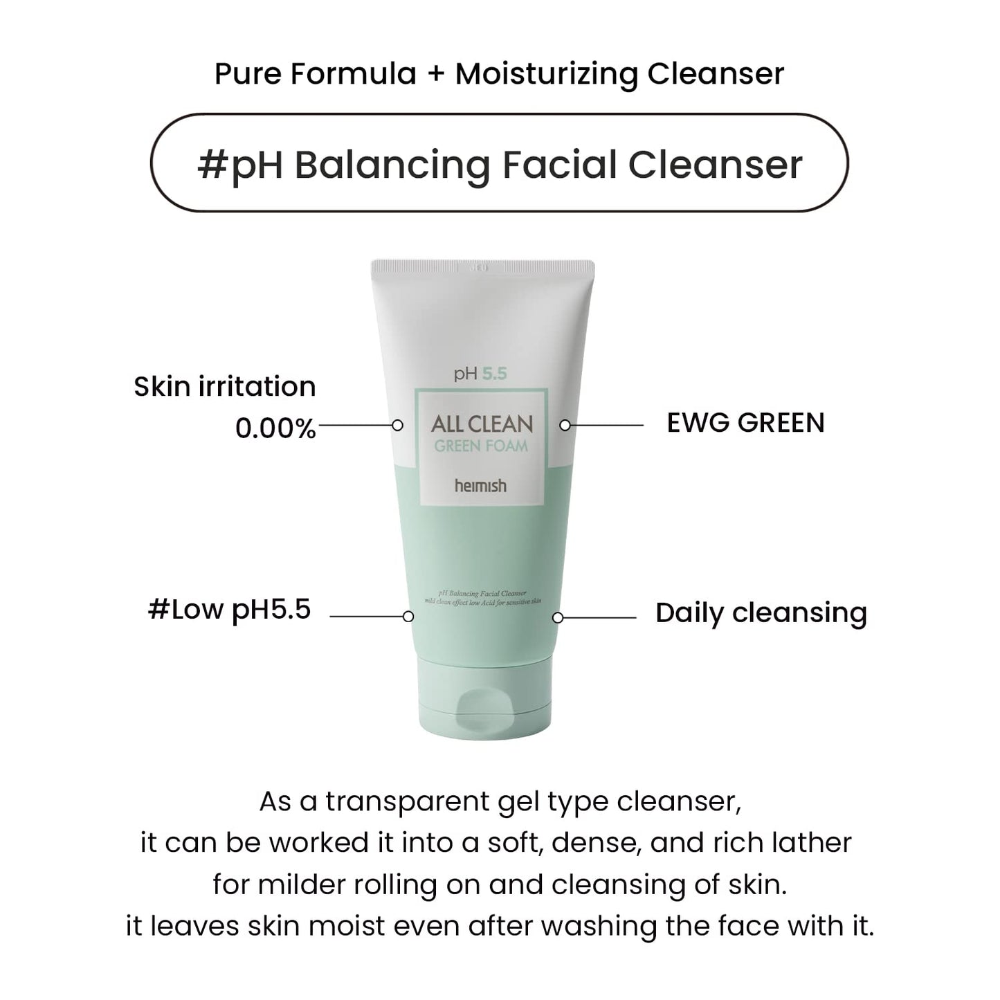 HEIMISH All Clean Green Foam Moisturizing Face Cleanser, Hydrating Gentle Gel Cleanser, Daily Face Wash for Sensitive Skin with Amino Acid, P.H 5.5, for Double Cleansing, Korean Skincare, 5.3oz/150g-GlimoraGlow