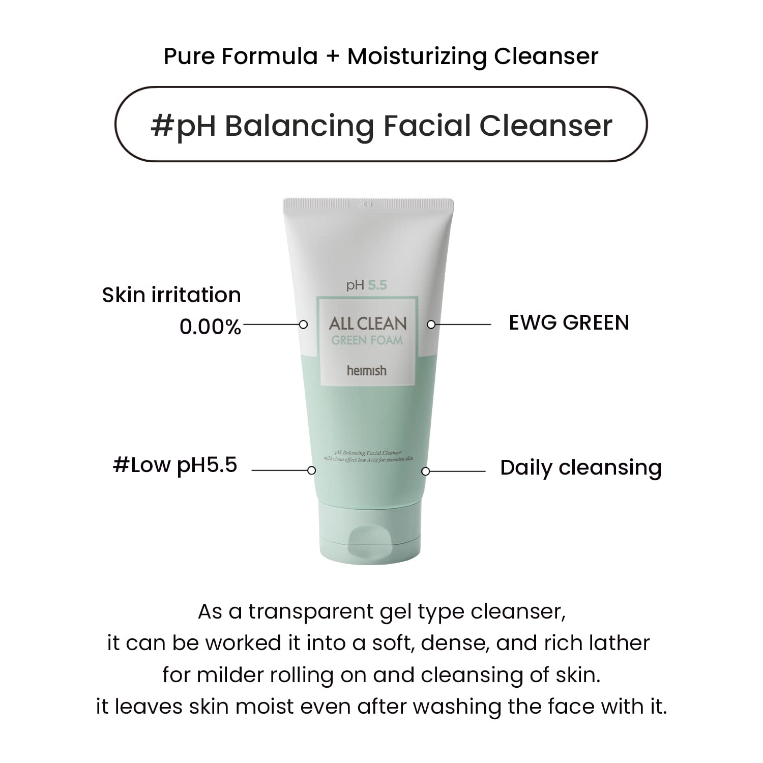 HEIMISH All Clean Green Foam Moisturizing Face Cleanser, Hydrating Gentle Gel Cleanser, Daily Face Wash for Sensitive Skin with Amino Acid, P.H 5.5, for Double Cleansing, Korean Skincare, 5.3oz/150g-GlimoraGlow