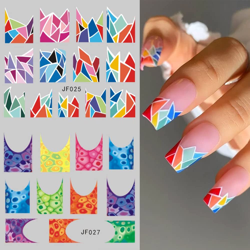 12 Sheets Colorful Stripes Nail Art Stickers Geometric Rainbow Wave Design Water Transfer Nail Decals for Nails Art Abstract French Pattern Acrylic Slider Nail Foils for Women Manicure Nail Decor-GlimoraGlow