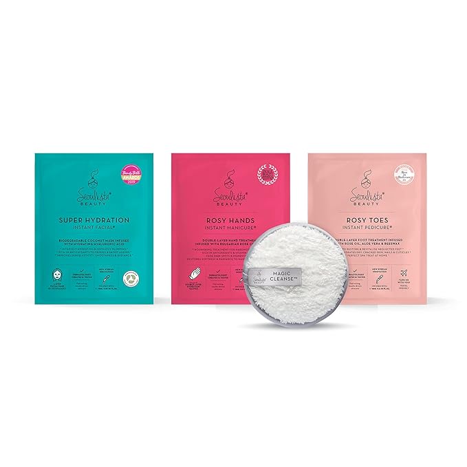 HYDRATED Gifting Bundle | SUPER HYDRATION SHEET MASK | Rosy Toes - Foot Mask Instant Pedciure | Rosy Hands - Hand Mask Instant Manicure| Magic Cleanse™ Eco-friendly Cleansing Tool-GlimoraGlow