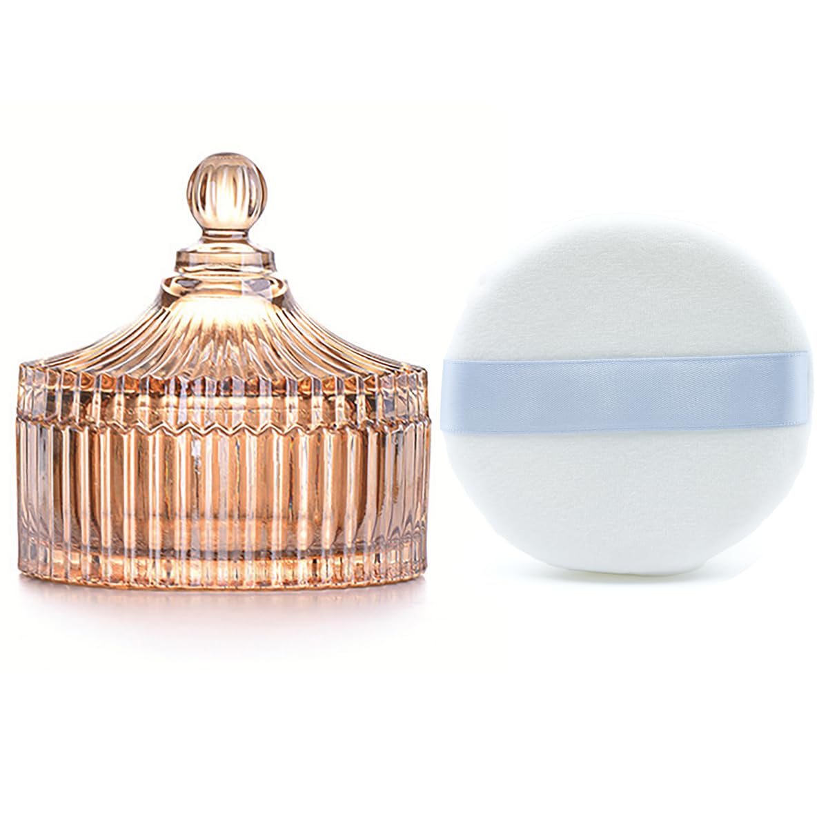 Ultra Soft Powder Puff and Container 3.3" High Density Velvet Dusting Washable Reusable Powder Puff,Body Powder Puff and Glass Jar Holder Loose Powder Box with Puff for Face Makeup(Amber)-GlimoraGlow