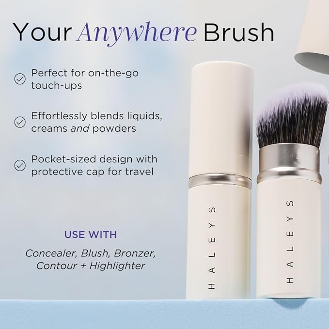 HALEYS Retractable Face Brush, VEGAN Dense, Angled Bristles & Adjustable Sleeve, Portable Makeup Brush for Quick, Easy Streak-Free Blending of Liquids, Creams, Powders, Travel-friendly Mess-Free Cap-GlimoraGlow