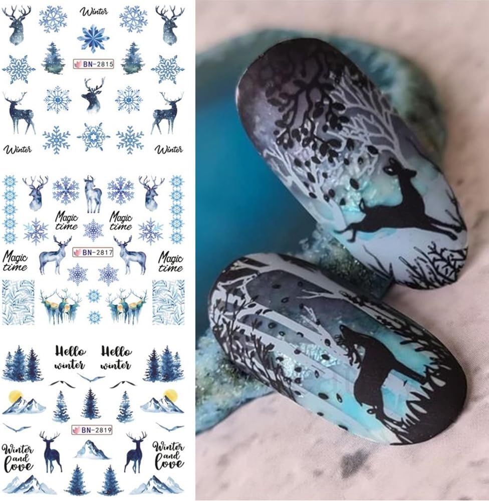 12 Sheets Snowflake Nail Art Stickers Water Transfer Nail Decals Christmas Nail Art Decorations Blue Snowflake Elk Santa Tree Bear Cute Winter Pattern Watermark Nail Stickers for Women DIY Nail Supply-GlimoraGlow