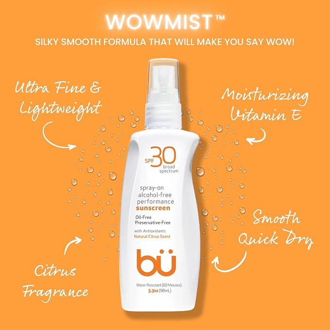 BU SPF 30 Sunscreen Spray for Face and Body, Non Aerosol Spray, Clear WOWmist, TSA Travel Size Sunblock, Oil Free and Water Resistant for Sensitive Skin, Natural Citrus 3.3 oz-GlimoraGlow