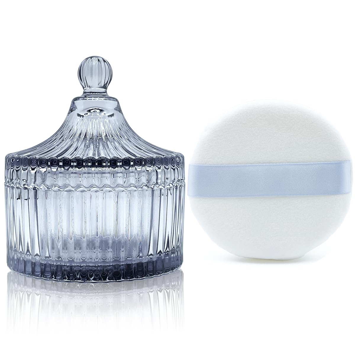 Ultra Soft Powder Puff and Container 3.3" High Density Velvet Dusting Washable Reusable Powder Puff,Body Powder Puff and Glass Jar Holder Loose Powder Box with Puff for Face Makeup(Gray)-GlimoraGlow