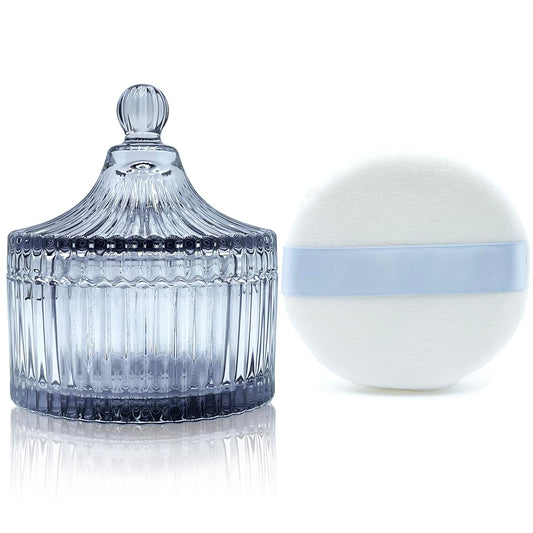 Ultra Soft Powder Puff and Container 3.3" High Density Velvet Dusting Washable Reusable Powder Puff,Body Powder Puff and Glass Jar Holder Loose Powder Box with Puff for Face Makeup(Gray)-GlimoraGlow