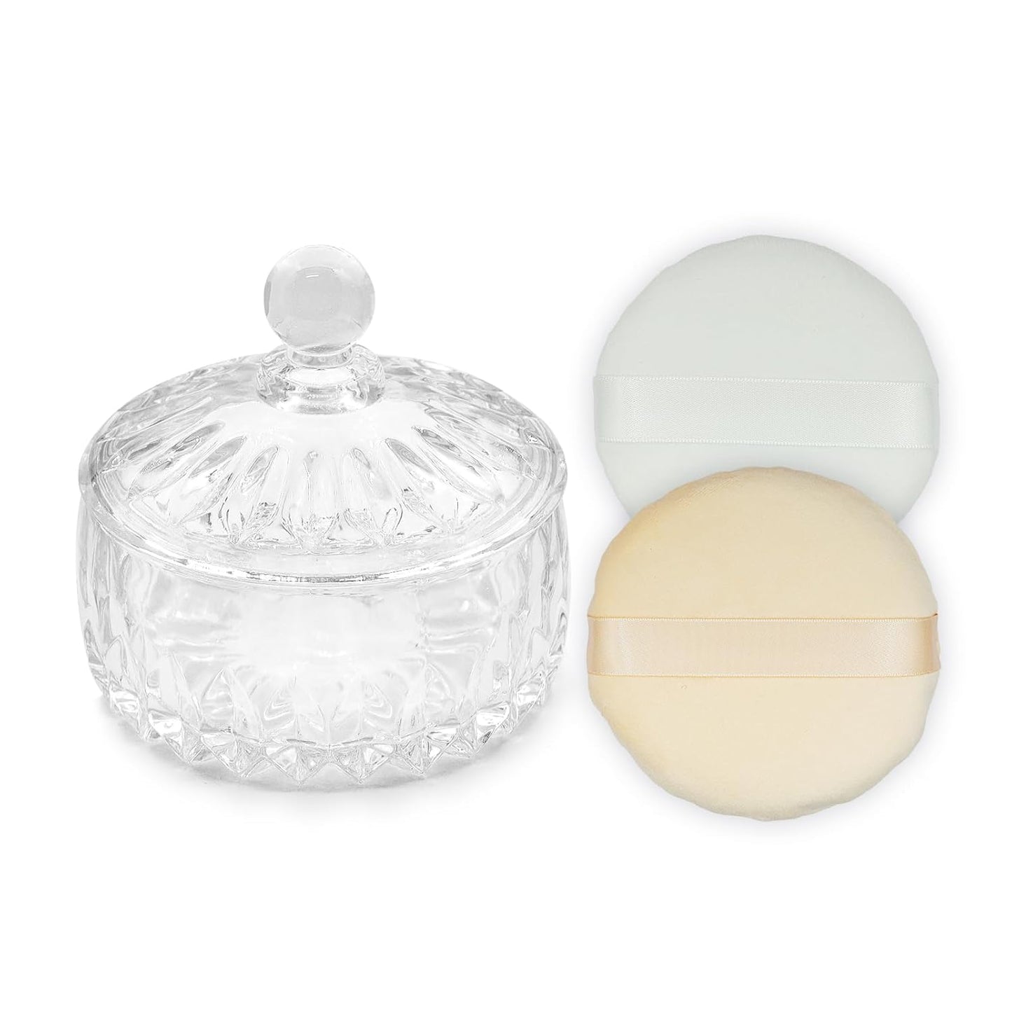 Body Powder Puff and Container, Crystal Dusting Powder Container with Puffs, Ridged-Lid Body Powder Jar with 2 Washable Reusable Soft Powder Puffs (Large Size)-GlimoraGlow