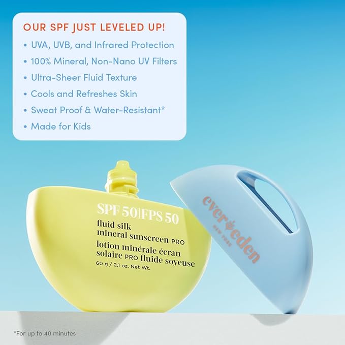 Evereden SPF50 Fluid Silk Mineral Kids Sunscreen: Clean Cooling Non-Nano UVA, UVB, & IR Protection for Sensitive Skin - Sheer, Lightweight, & Waterproof for Up to 40 Mins - Beach Day Toddler Sunscreen-GlimoraGlow