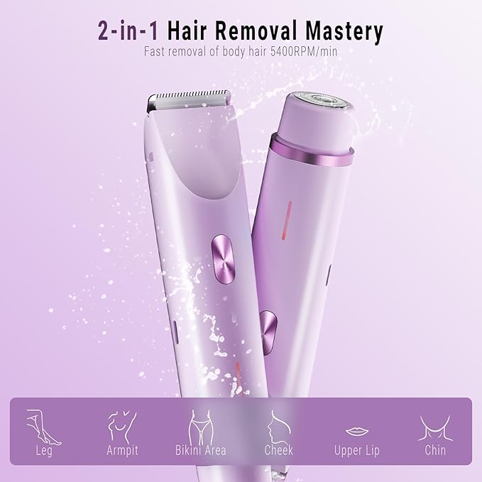2-in-1 Bikini Trimmer and Shaver Kit for Women, Electric Body Hair Trimmer Facial Hair Removal Cordless Bikini Shaver Razor for Face Lip Chin Pubic Underarm Legs, Purple-GlimoraGlow
