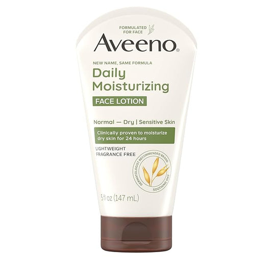Aveeno Daily Moisturizing Face Lotion with Soothing Prebiotic Oat, Lightweight Non-Greasy Facial Moisturizer for Normal to Dry, Sensitive Skin, 24-Hour Moisture, Fragrance-Free, 5 oz-GlimoraGlow