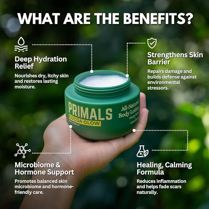 PRIMALS All Natural Body Lotion - Cocoa Butter & Mango Butter - 100% Naturally Derived Ingredients - Alcohol Free, Artificial Fragrance Free, Paraben Free, Petroleum Derivative Free - 8.45 oz-GlimoraGlow