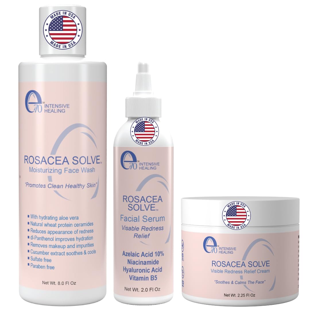Rosacea Treatment Skincare for Women & Men - Face Wash, Rosacea Cream & Face Serum, Moisturizer Redness Reducing Skin Care with Aloe Vera, Hyaluronic Acid & Fruit Extracts, Made in USA by e70-GlimoraGlow