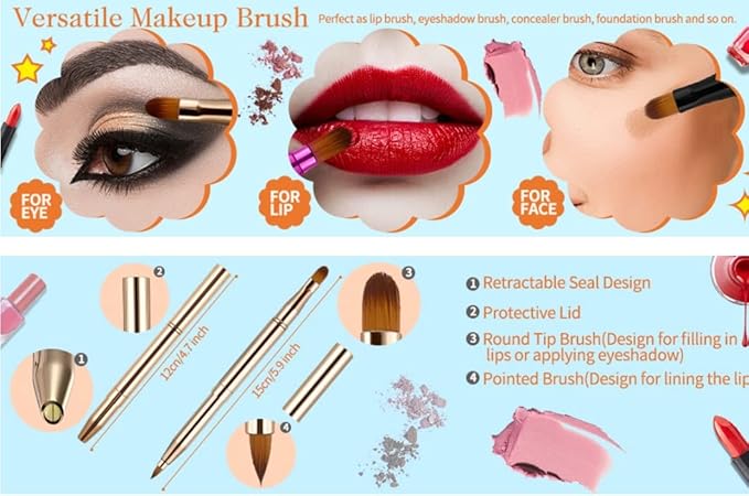 Retractable Eyebrow Eyelash Lip Brush Makeup Brush Double-Sided Soft With Cap Concealer Eyeliner For Travel Cosmetic Brushes, gold color-GlimoraGlow