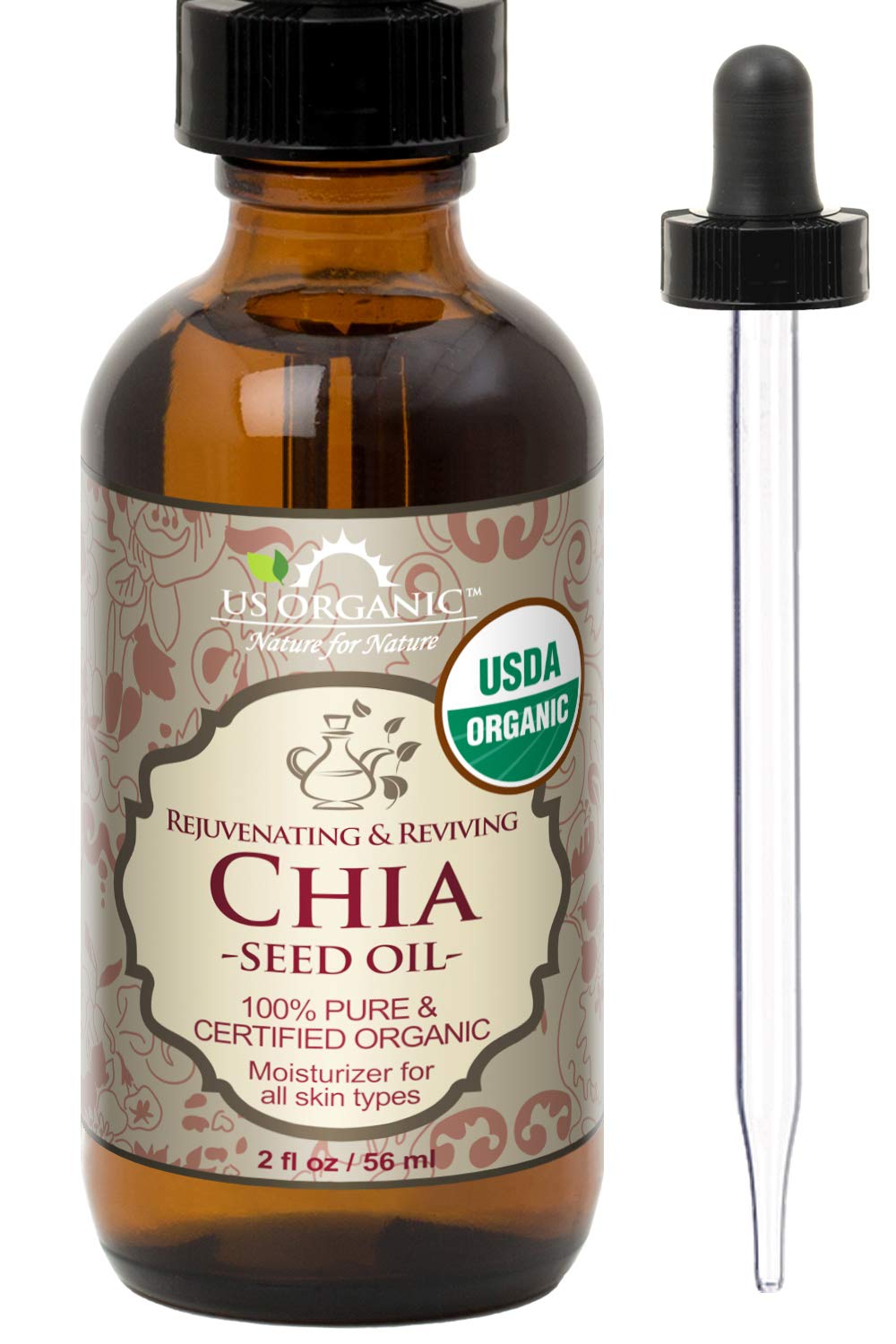 US Organic Chia Seed Oil, Certified Organic, Pure & Natural, Cold Pressed Virgin, Unrefined, Sourced from Paraguay, in Amber Glass Bottle w/Glass Eyedropper for Easy Application (2 oz (56 ml))-GlimoraGlow