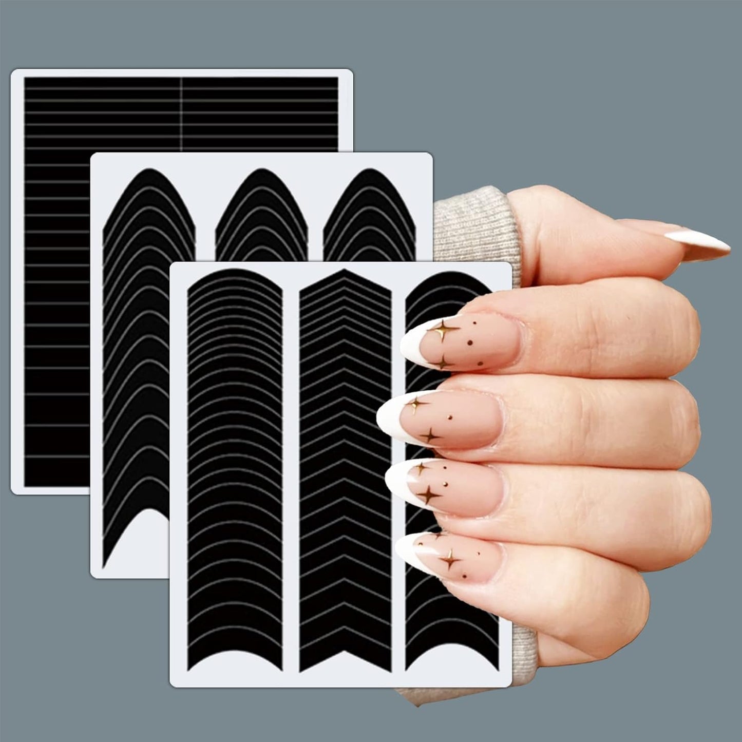 1860 Pcs French Tip Nail Guides, Self-Adhesive French V-Shaped Moon Shaped Manicure Strip Stickers for Edge Auxiliary Black DIY Decoration Stencil Tools(5 Designs, 36 Sheets)-GlimoraGlow