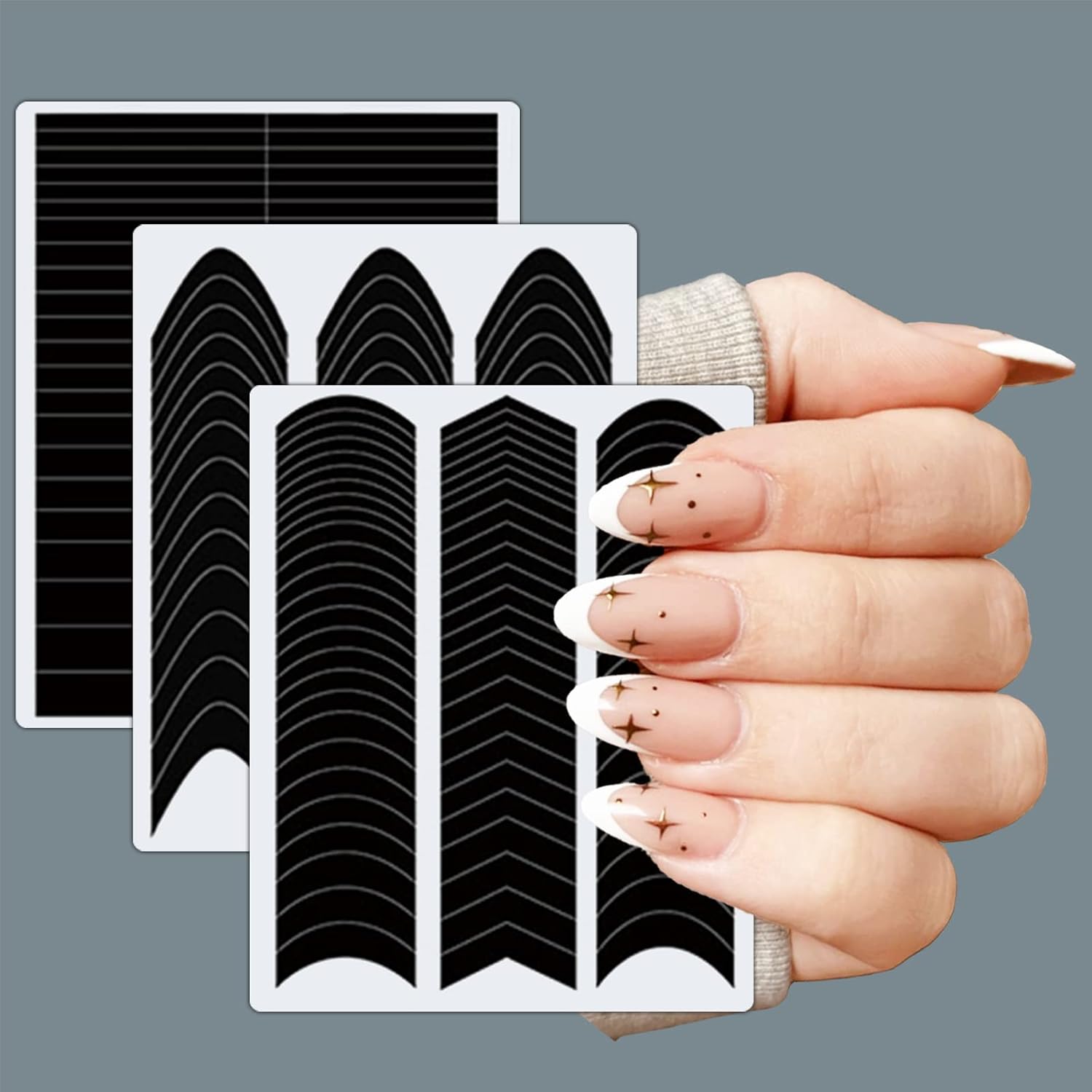 1860 Pcs French Tip Nail Guides, Self-Adhesive French V-Shaped Moon Shaped Manicure Strip Stickers for Edge Auxiliary Black DIY Decoration Stencil Tools(5 Designs, 36 Sheets)-GlimoraGlow