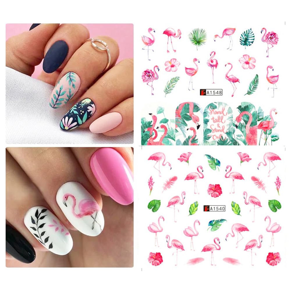12 Sheet Flamingo Nail Art Stickers Cute Flamingo Green Leaf Design Water Transfer Nail Decals Summer Nail Art Decorations Waterproof Acrylic Nail Stickers for Women DIY Manicure Tips-GlimoraGlow
