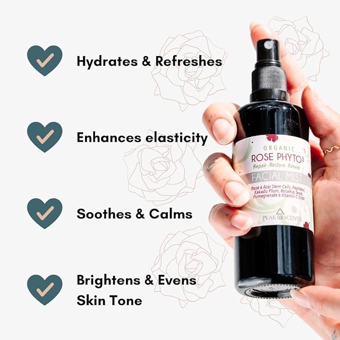 Organic & Vegan Rose Phyto³ Water Facial Spray - Moisturizing Face Mist & Setting Spray, Soothing, Hydrating Mist Rose Water For Face - Great for Facial Massaging (4 oz)-GlimoraGlow