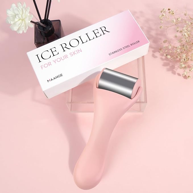 MAANGE Ice Roller for Face 1 Piece Stainless Steel Facial Roller Ice Face Roller for Puffiness,Migraine,Pain Relief and Skin Care (Pink)-GlimoraGlow