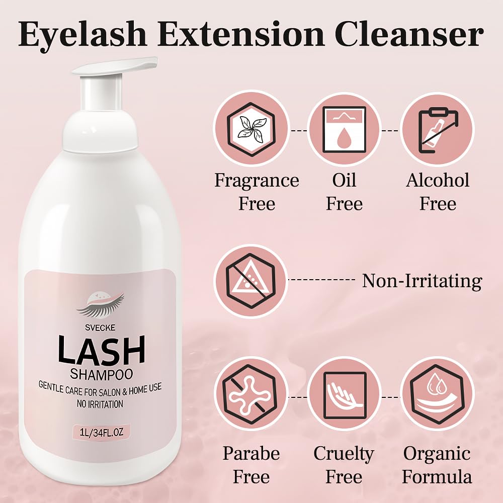 Lash Shampoo 34fl.oz/1L, Eyelash Shampoo for Lash Extension, Eyelash Extension Cleanser, Lash Eyelid Foam Cleaning Kit for Salon Use and Home Use-GlimoraGlow