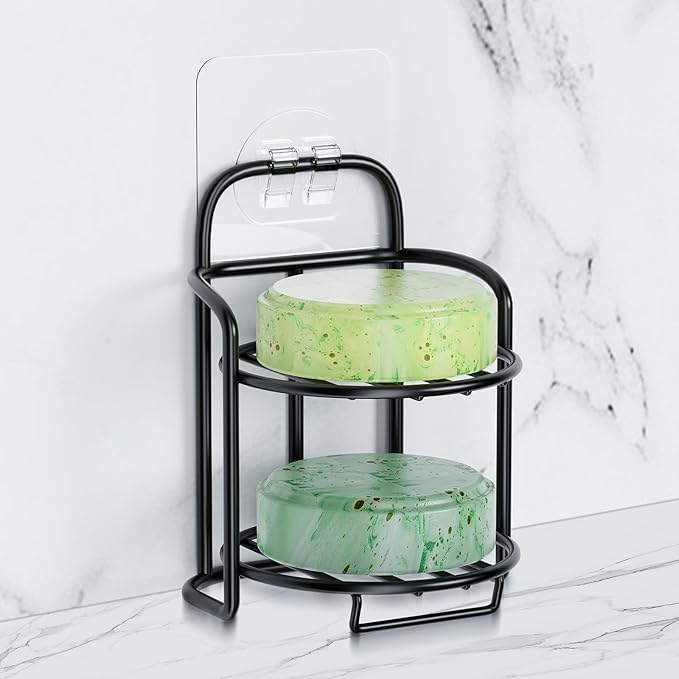 2-Tier Shower Soap Shampoo Bar Holder, Self Adhesive & Freestanding Draining Soap Dish Caddy for Bathroom Wall Accesories Decor Black-GlimoraGlow