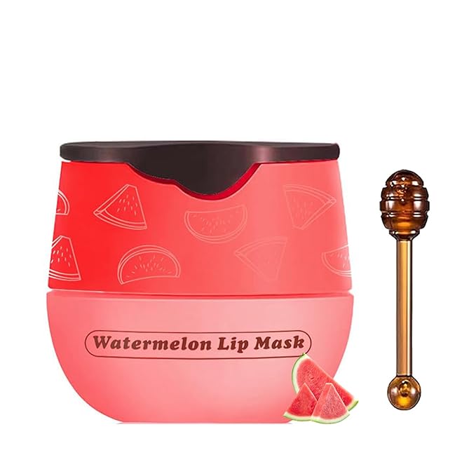 1 PCS Bee Lip Balm Lip Mask Honey Pot, Watermelon Moisturizing Sleeping Lip Mask Overnight with Sticks, Lip Balm Honey Pot Lip Balm Hydrating Prevention Dry and Crack Lip Scrubs Exfoliator-GlimoraGlow
