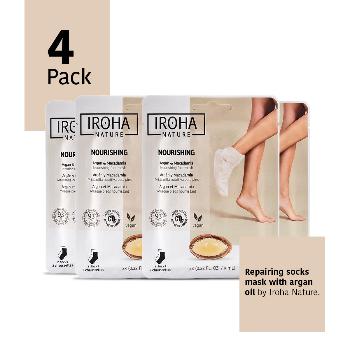 IROHA NATURE Nourishing Foot Mask Socks with Argan & Macadamia Oil | 4 Pairs | Intensive Treatment for Dry & Dehydrated Feet | Flash Effect | Natural & 100% Vegan-GlimoraGlow